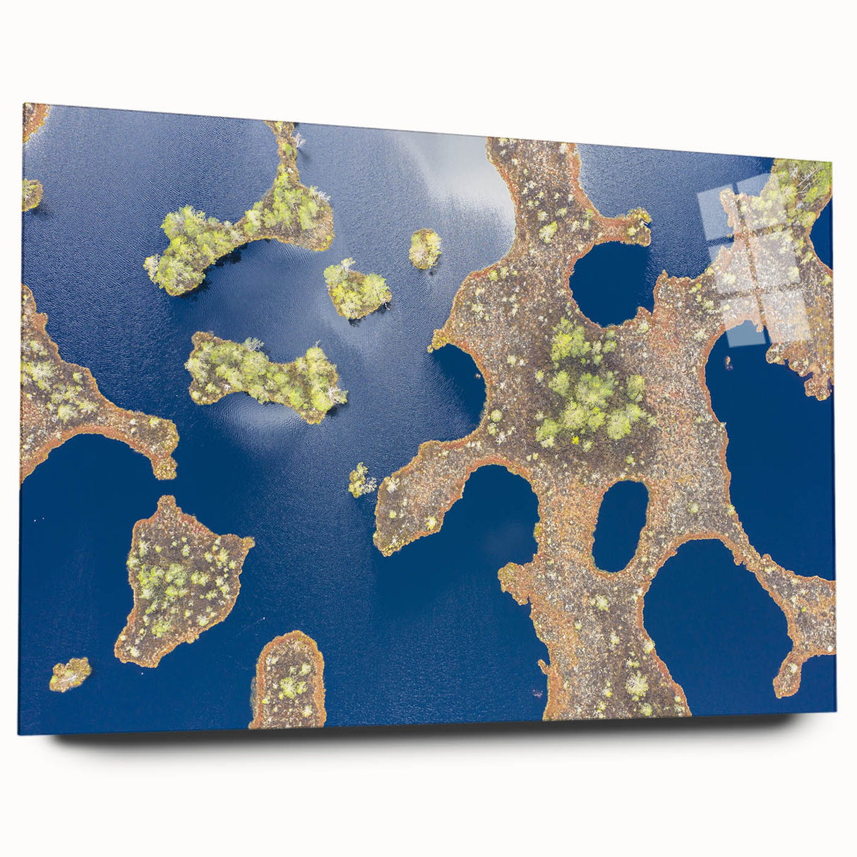 Large abstract wall art depicting a European landscape in muted earth tones, printed on acrylic glass.