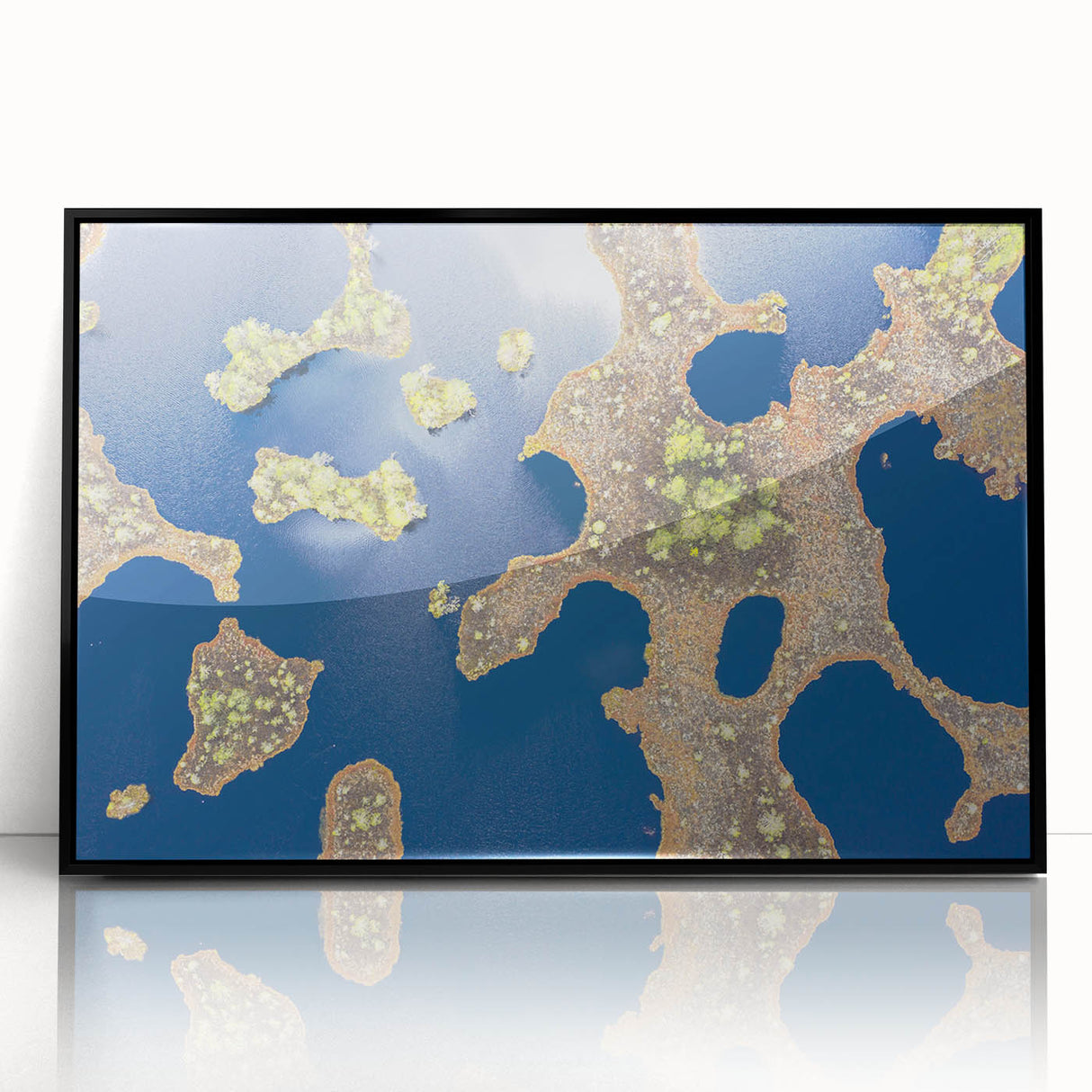 Large abstract wall art depicting a European Estonian scenery in muted gray and blue tones, framed acrylic.