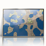 Large art print of a European Estonian scenery in muted green and blue tones, framed in silver acrylic.