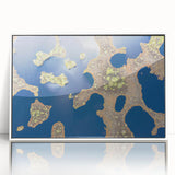 Mid-century modernist art depicting a serene Estonian landscape in muted earth tones, framed acrylic.