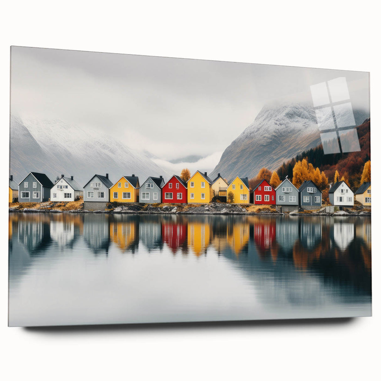 Large abstract wall art of a serene Finnish landscape in muted blue and green hues.