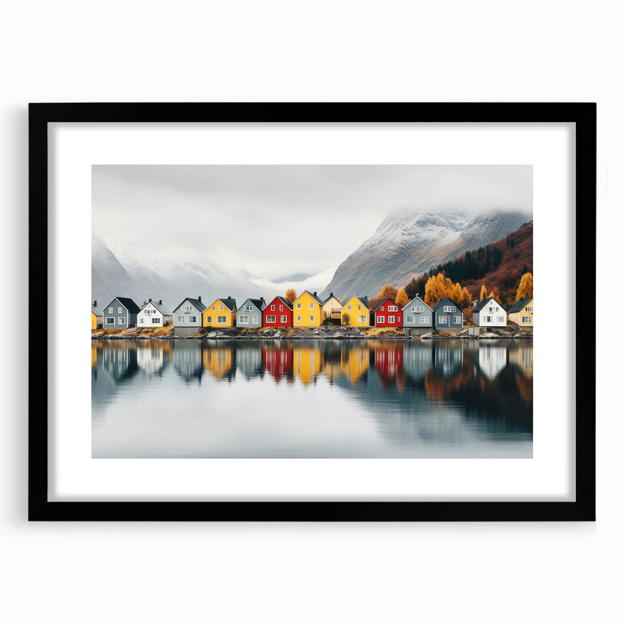 Extra large abstract art print featuring a colorful, textured depiction of a European scenery, framed with a black mat.