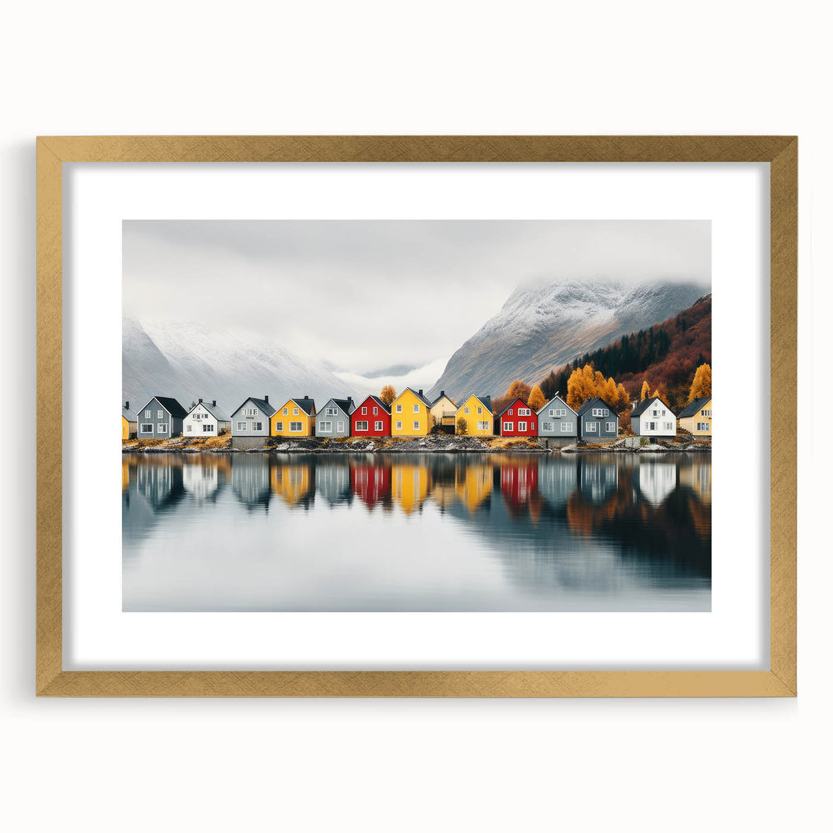 Abstract art print of a serene Finnish landscape in muted earth tones, framed with a gold mat.
