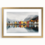 Abstract art print of a serene Finnish landscape in muted earth tones, framed with a gold mat.