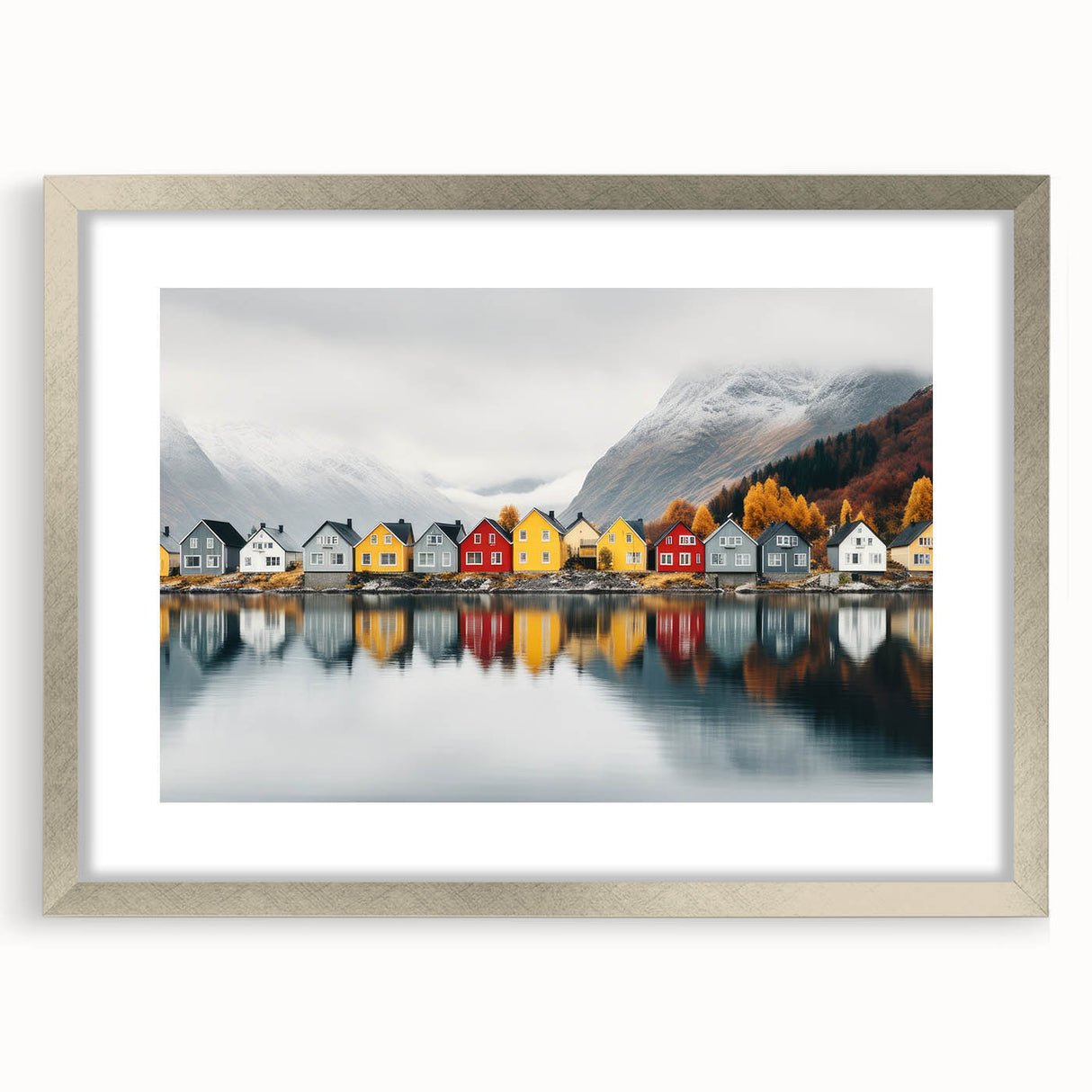 Extra large abstract art print of a European scenery in muted earth tones on a silver-framed canvas.