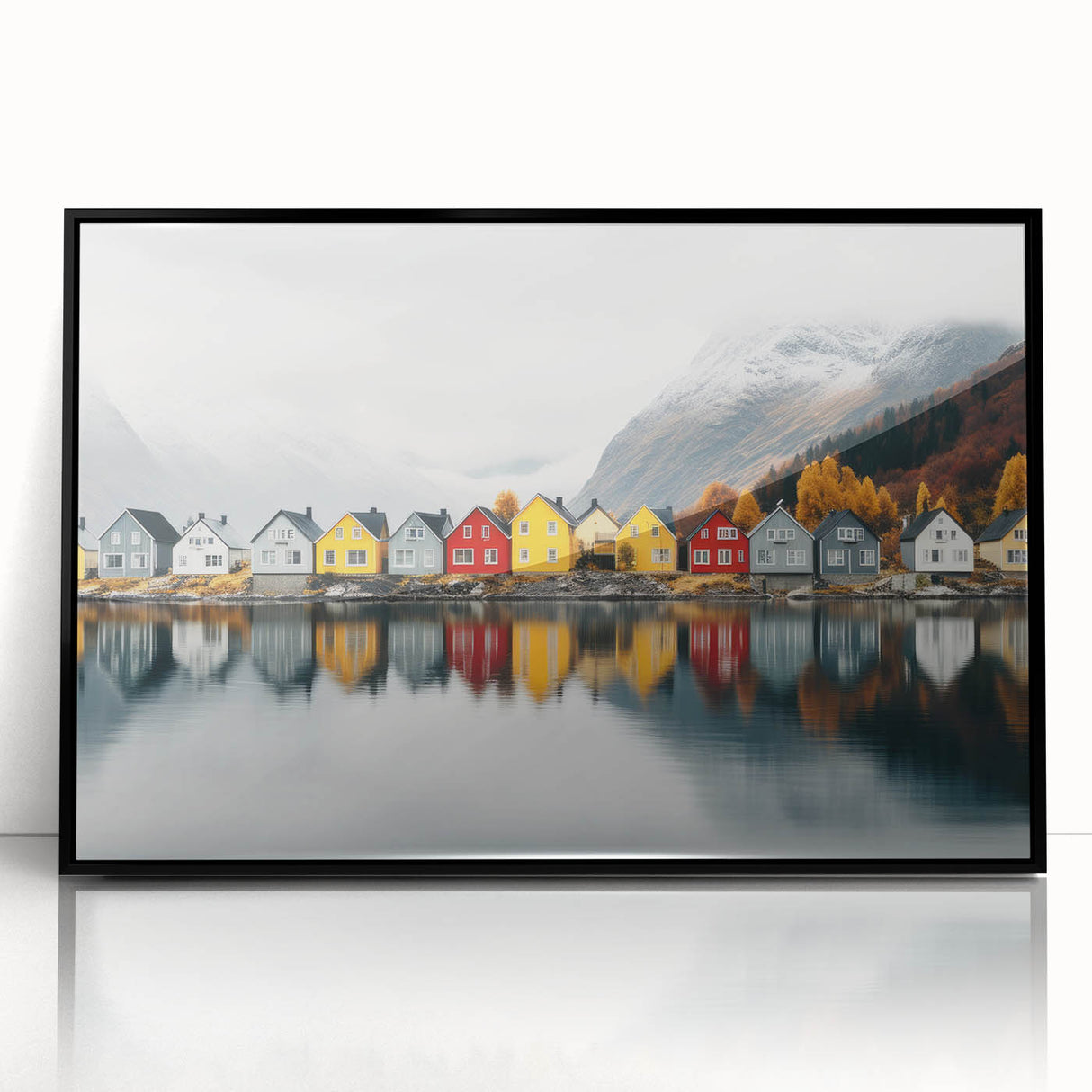 Large abstract wall art depicting a serene Finnish landscape in muted blue and green tones, framed in black acrylic.