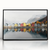 Large abstract wall art depicting a serene Finnish landscape in muted blue and green tones, framed in black acrylic.