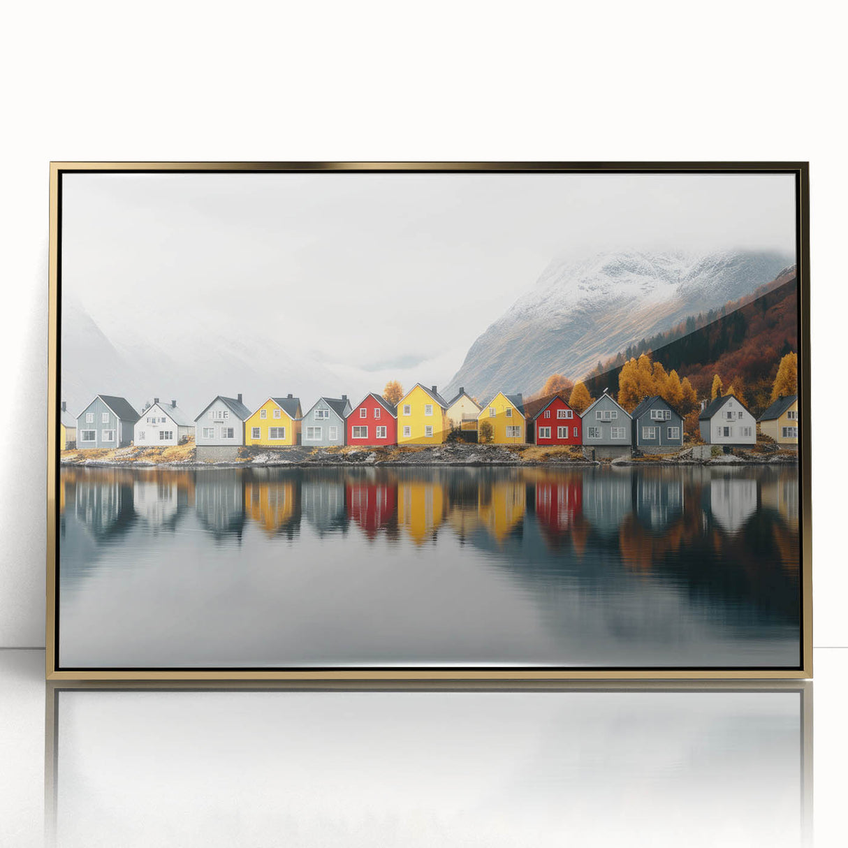 Art deco poster of a Finnish landscape in muted gold and blue tones, acrylic print, ideal for modern art wall decor.