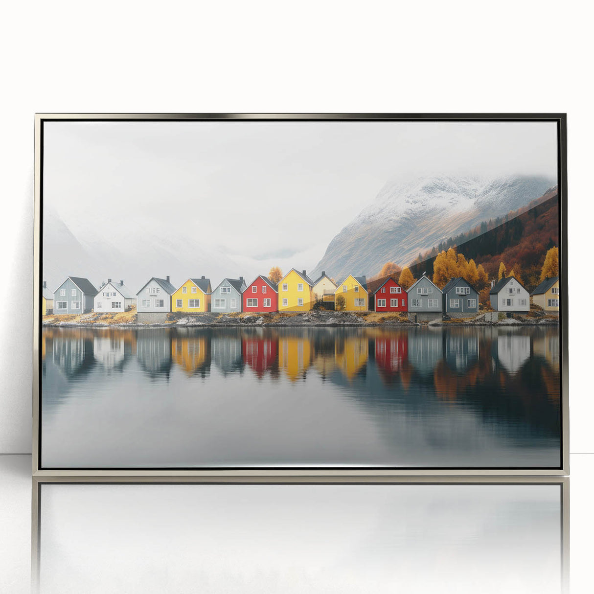 Large art print of a serene Finnish landscape in muted green and blue tones, framed in silver acrylic.
