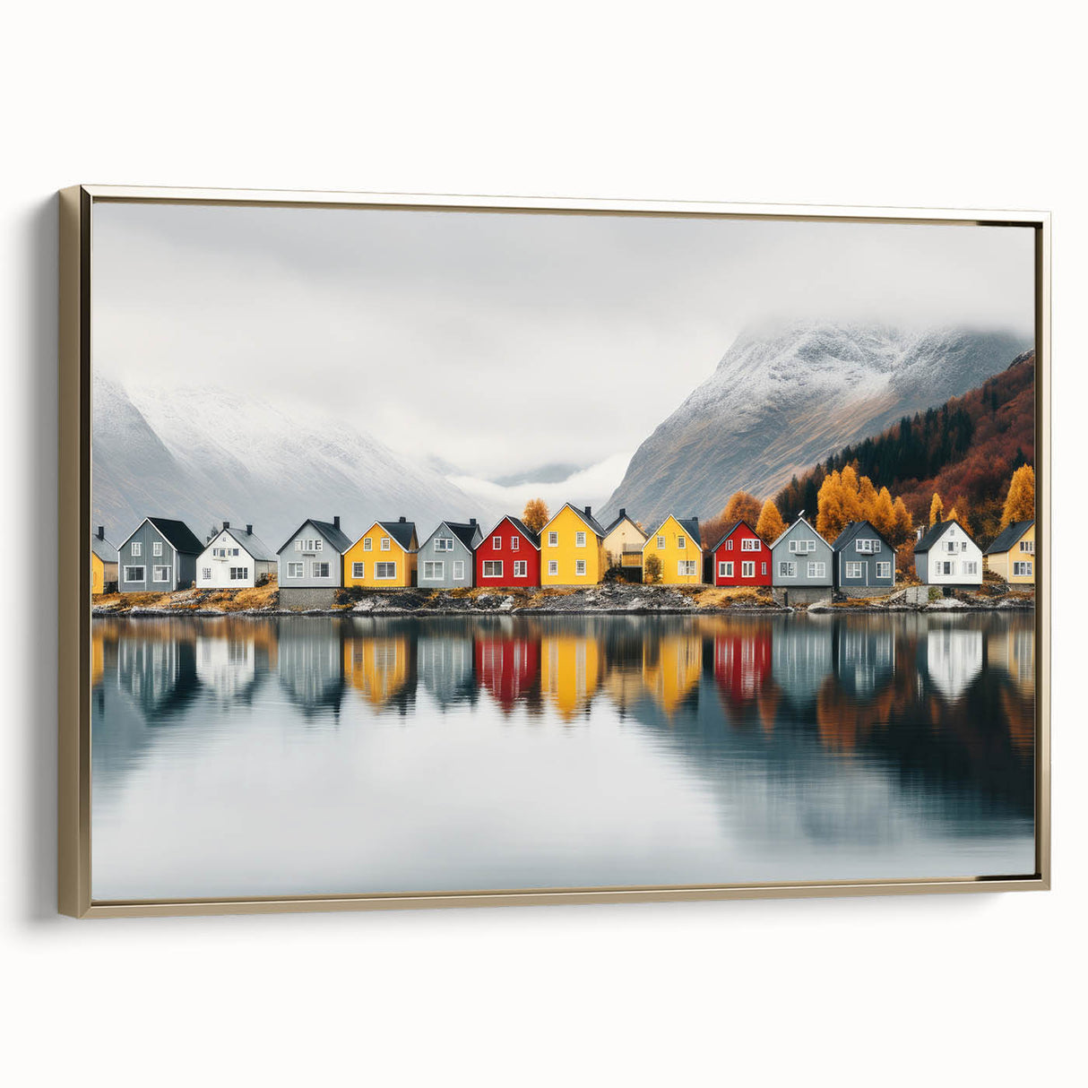 Landscape painting of a serene Finnish scenery on framed canvas, featuring muted earth tones, ideal for bedroom wall decor.