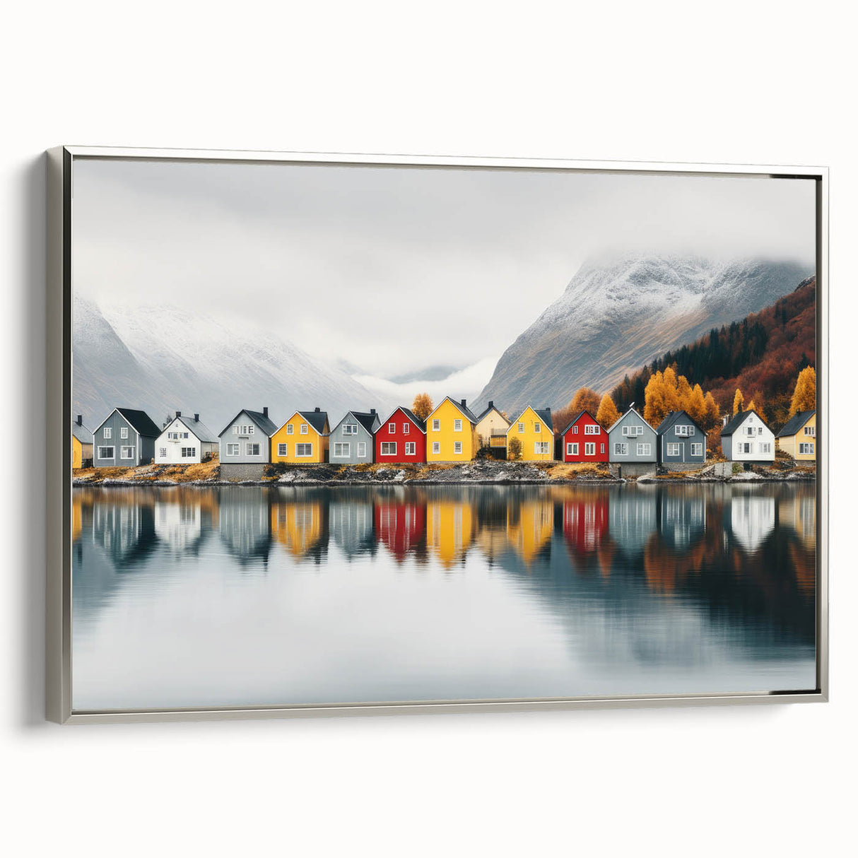 Landscape art painting of a serene Finnish scenery on a framed canvas, featuring muted green and blue tones.