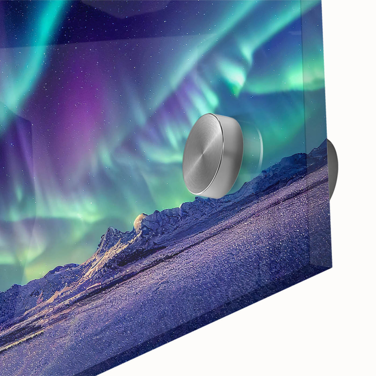 Large abstract wall art of an Icelandic landscape in muted green and blue tones on acrylic glass.