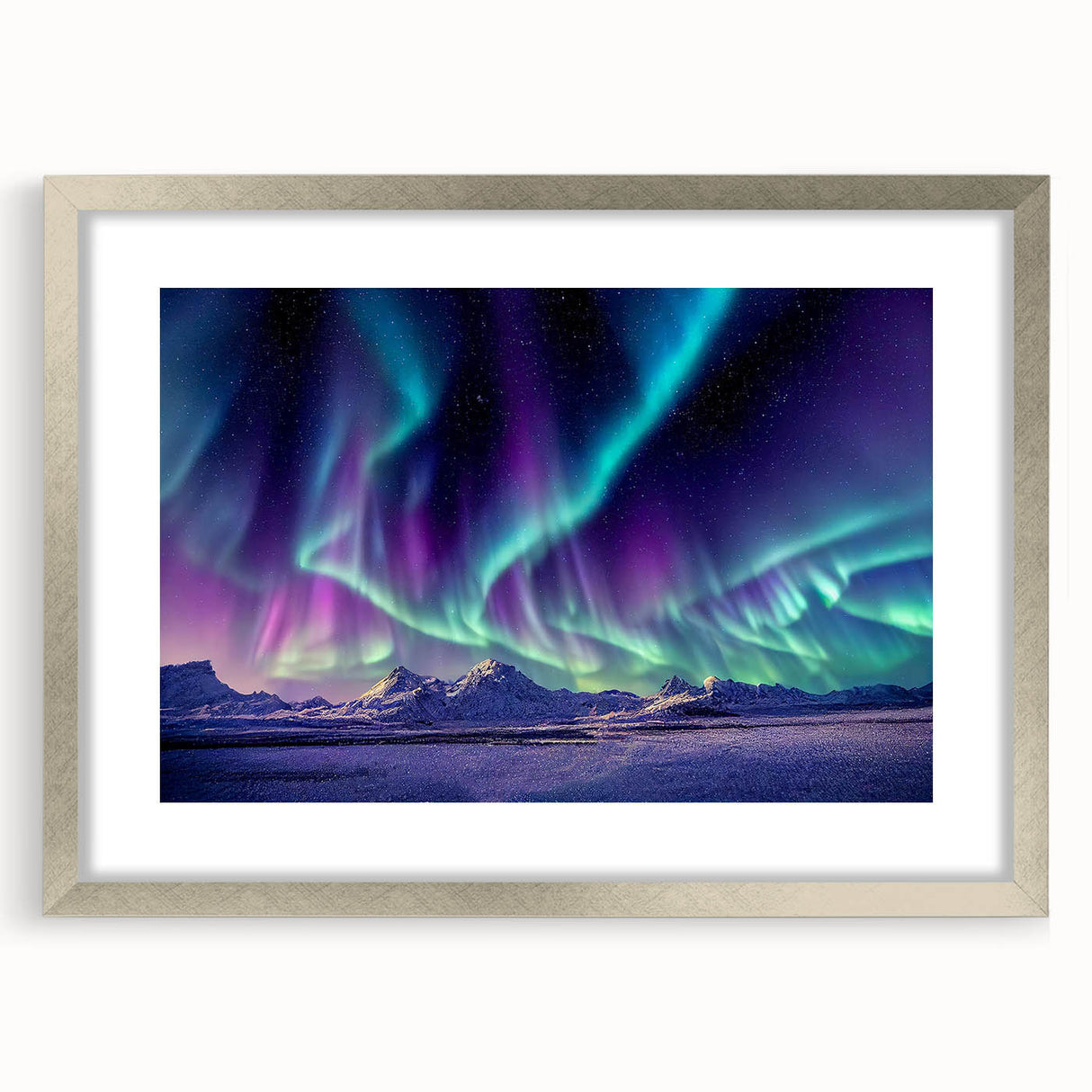 Extra large abstract art print of a textured Icelandic landscape in muted gray and silver tones, framed with a silver mat.