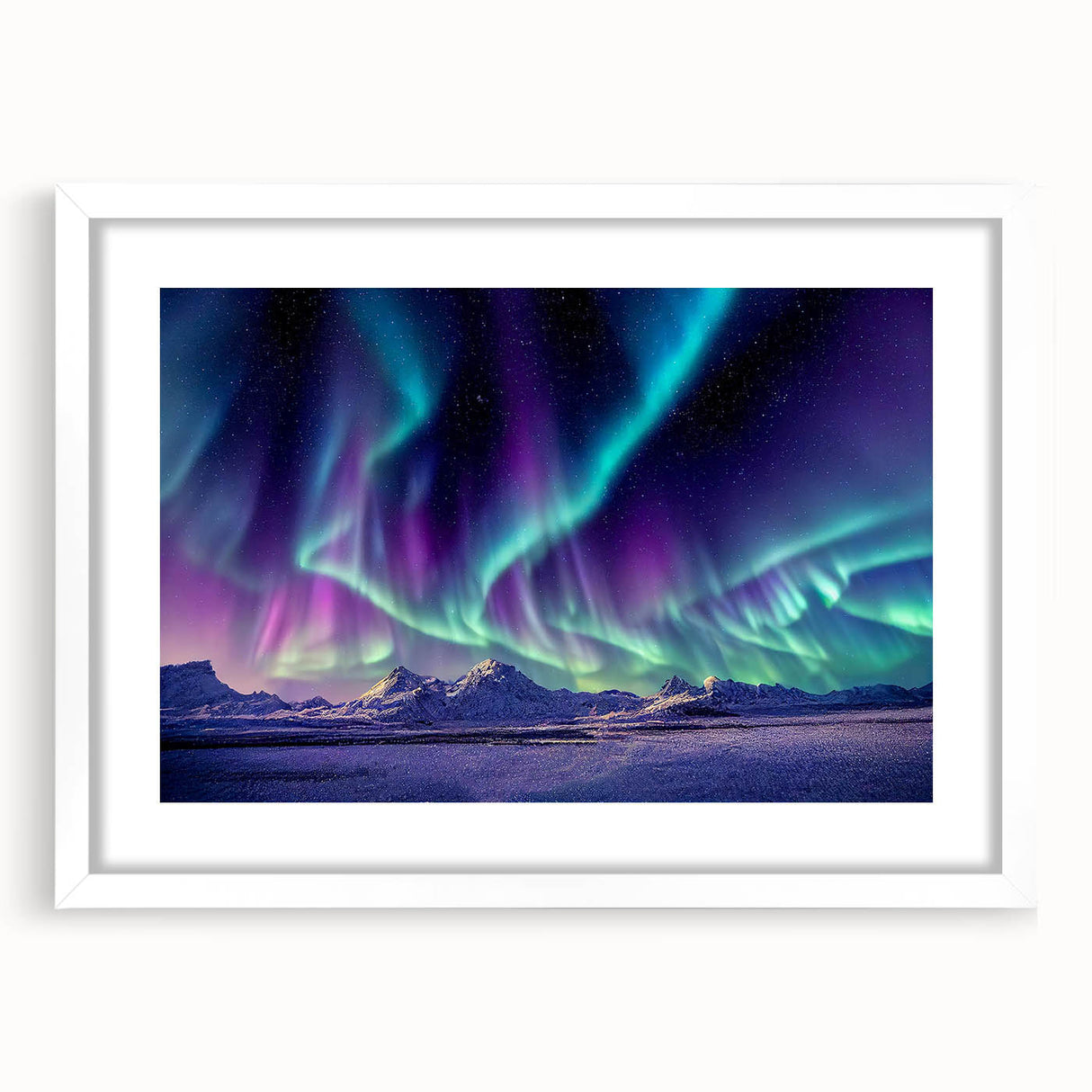 Textured abstract art print depicting a serene Icelandic landscape in muted blue and gray tones, framed with a white mat.