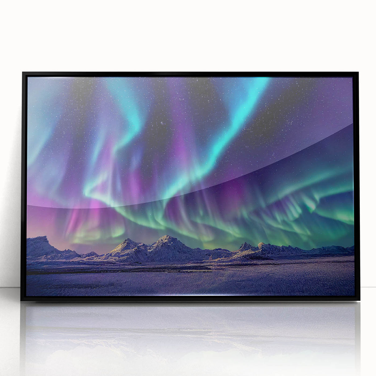 Large abstract wall art depicting a serene Icelandic landscape in muted gray and blue tones, framed in black acrylic.