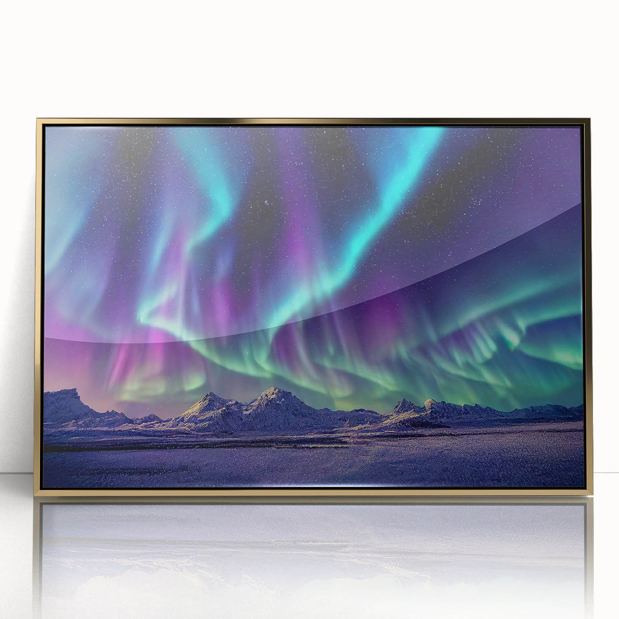 Acrylic print of a serene Icelandic landscape with muted blue and gray tones, framed in gold.