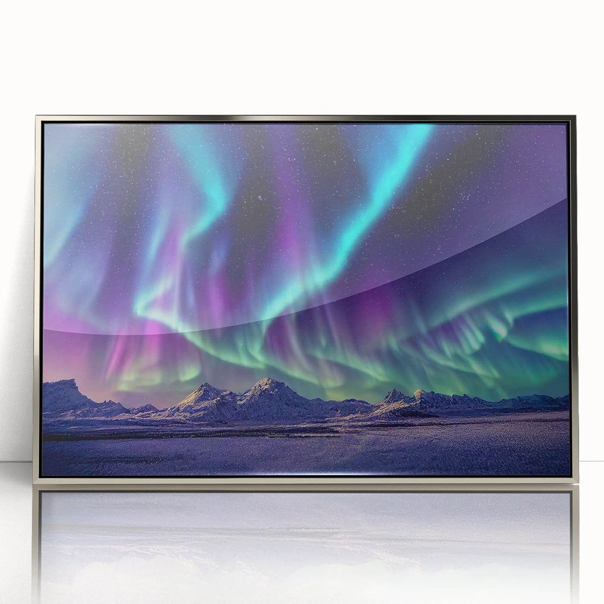 Large art print of a serene Icelandic landscape on silver-framed acrylic, featuring cool blue and gray tones.
