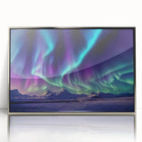 Large art print of a serene Icelandic landscape on silver-framed acrylic, featuring cool blue and gray tones.