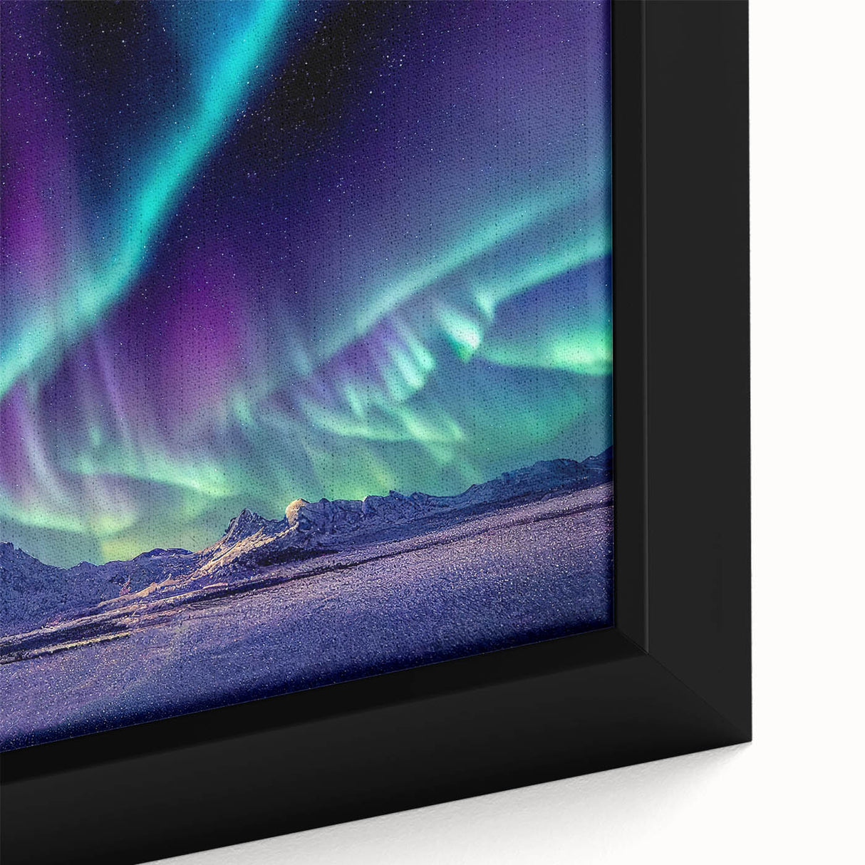 Extra large framed canvas of a black textured Icelandic landscape with colorful accents, suitable for living room decor.