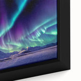Extra large framed canvas of a black textured Icelandic landscape with colorful accents, suitable for living room decor.