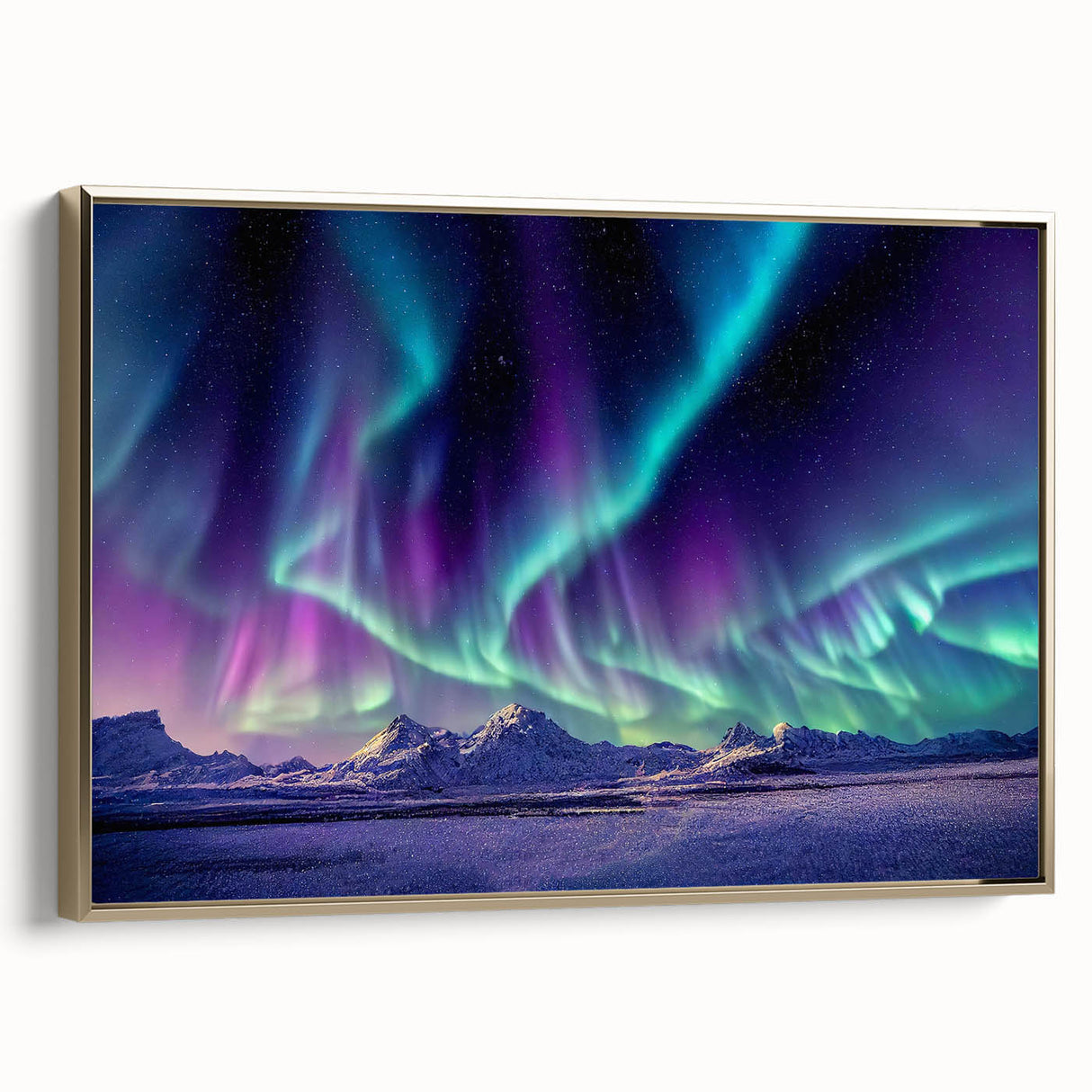 Framed canvas featuring a vintage-style landscape of Iceland in black and gold tones, ideal for bedroom wall art.