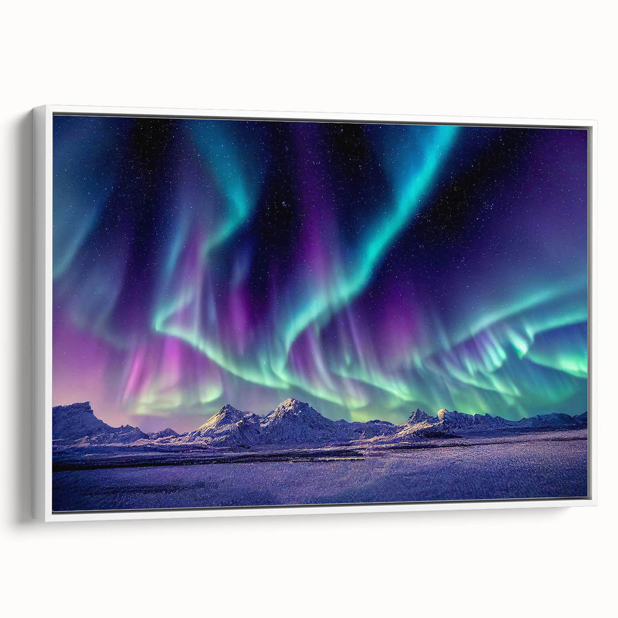 Vintage poster art of an Icelandic landscape on framed canvas, featuring vibrant blues and greens.