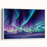 Vintage poster art of an Icelandic landscape on framed canvas, featuring vibrant blues and greens.