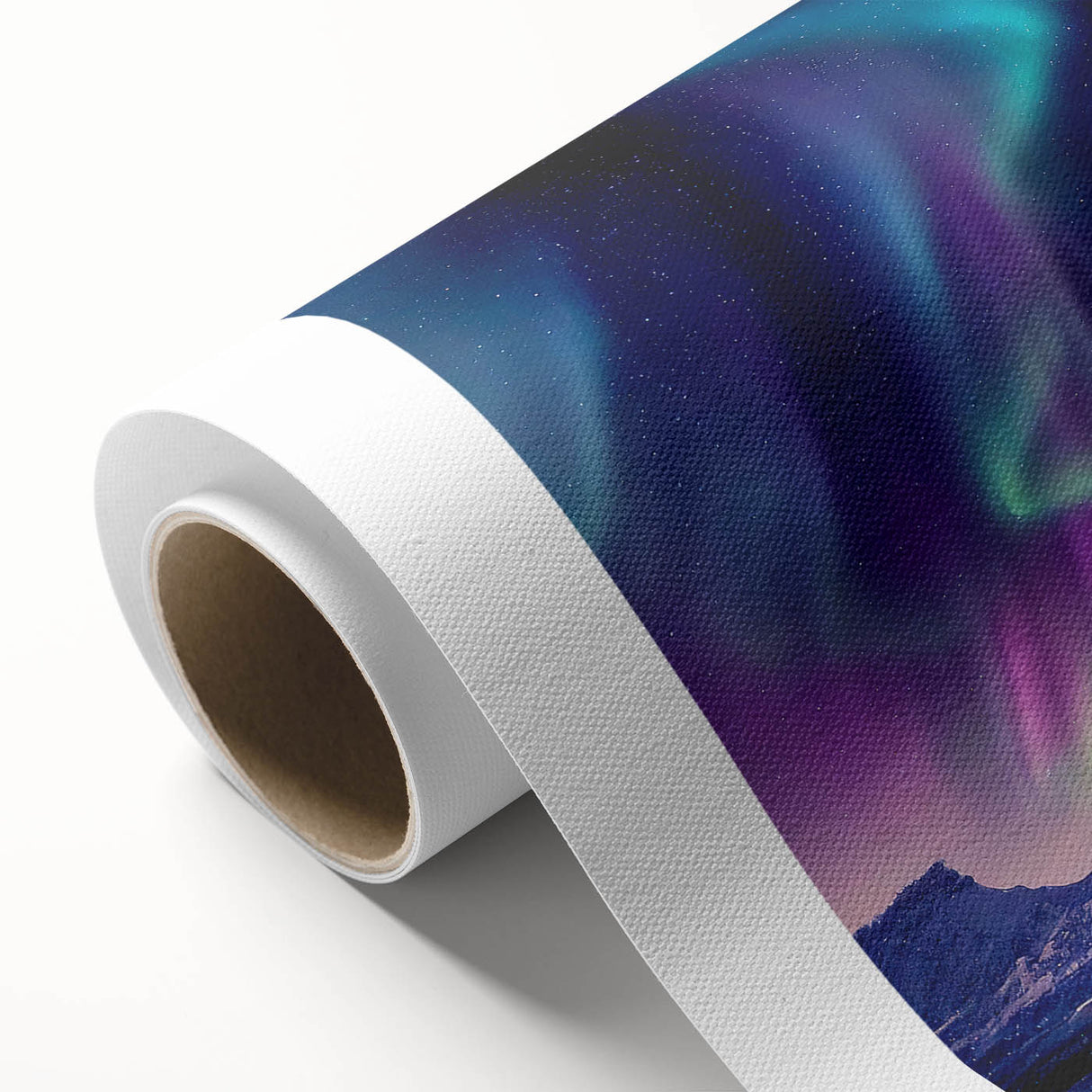 Art deco poster of Icelandic scenery on rolled canvas, featuring cool blue and green tones, ideal for nursery wall art.