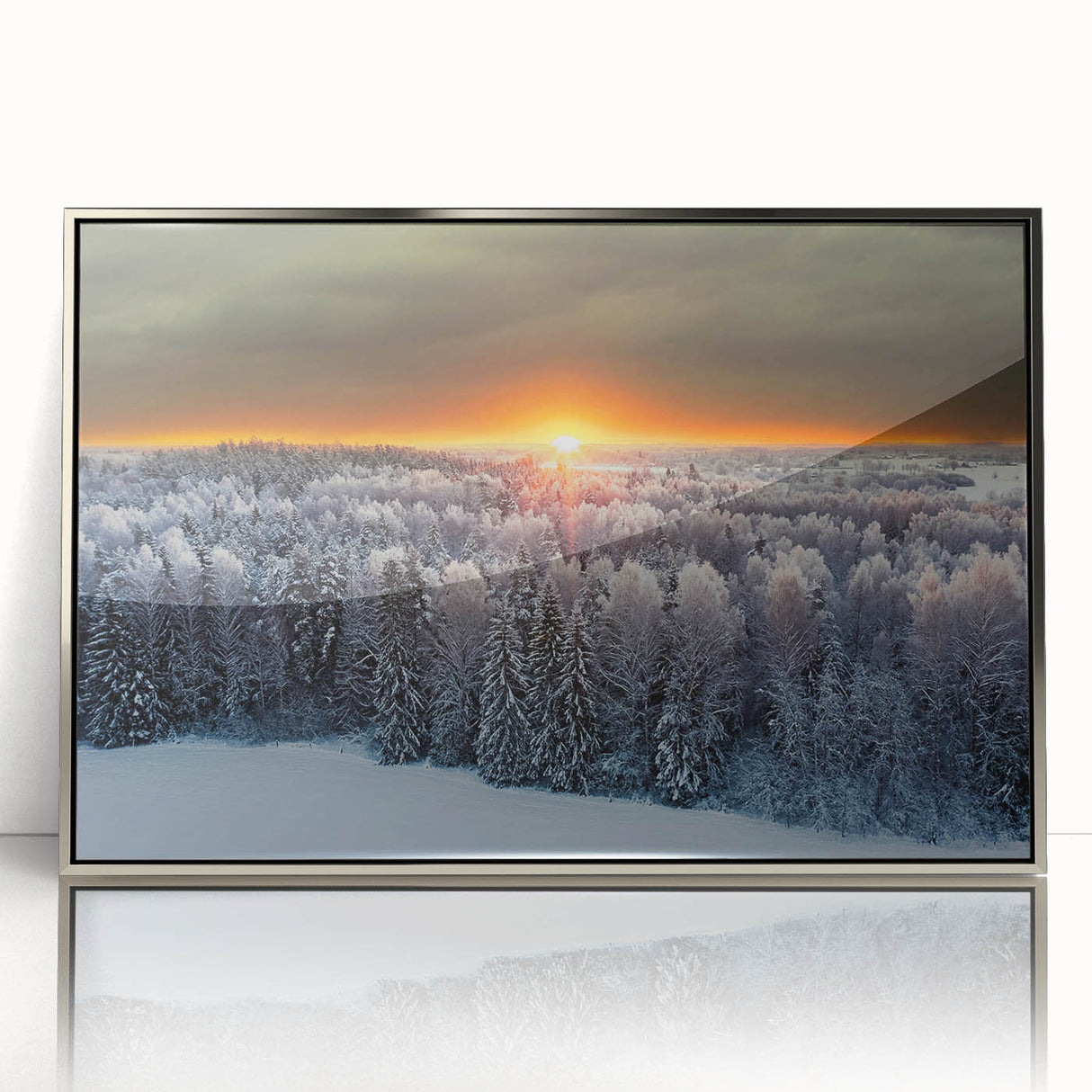 Large acrylic print of a serene Latvian landscape in muted green and blue tones, framed in silver.