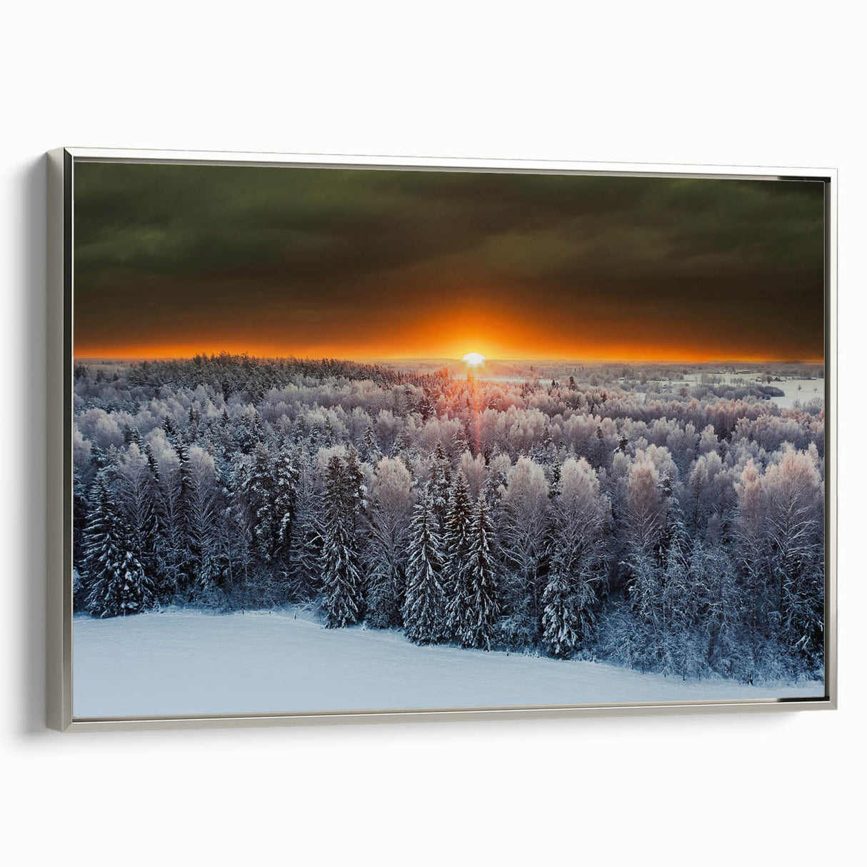 Landscape art painting of a European scenery, framed canvas with silver edges, in muted colors, ideal for living room decor.