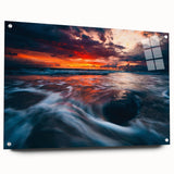 Large abstract wall art depicting a European Lithuanian landscape in muted earth tones on acrylic glass.
