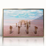Mid-century modernist acrylic print of Yucatan scenery in gold frame, suitable for modern art wall decor.