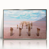 Mid-century modernist art of Yucatan scenery in silver-framed acrylic, with vibrant green and blue tones.