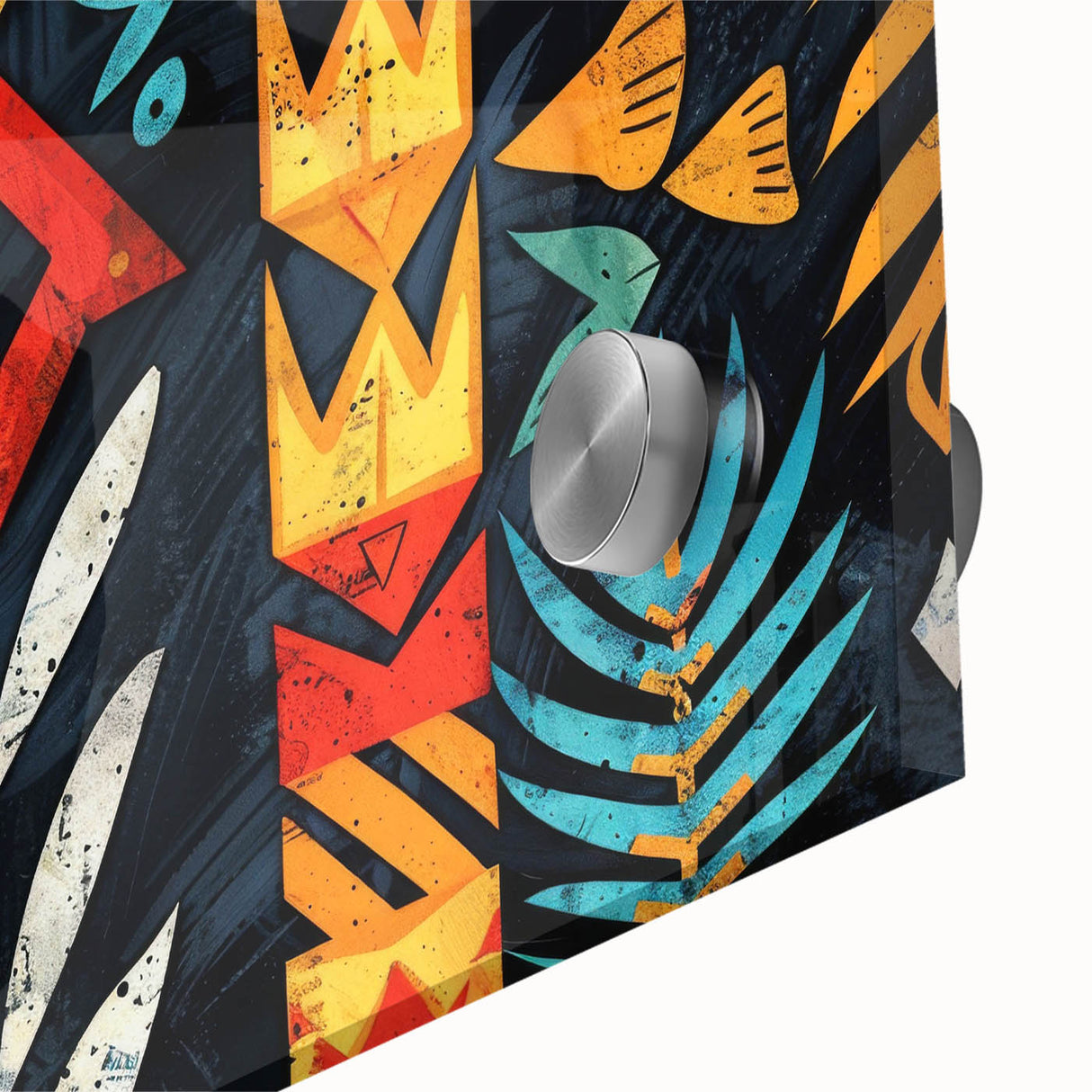 Large abstract wall art featuring oceanic blues and greens on acrylic glass.
