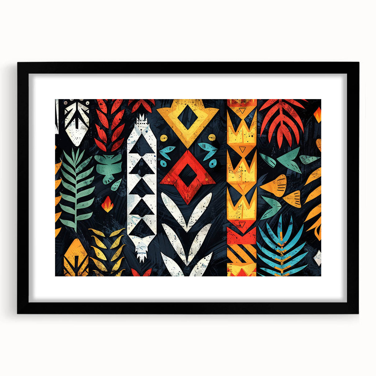 Colorful abstract art print of Oceania Fiji scenery in black frame, ideal for large living room wall.