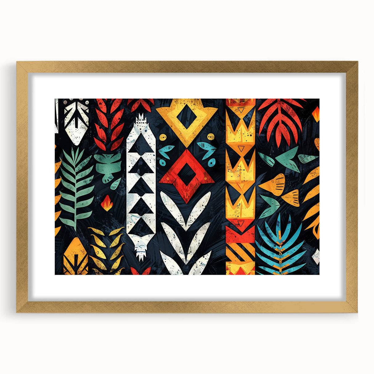 Extra large abstract art print depicting a textured oceanic scene in blue and white tones, framed in gold.