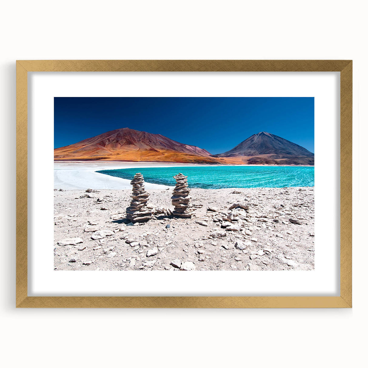 Extra large abstract art print of a Bolivian landscape, featuring textured earth tones, framed in gold.