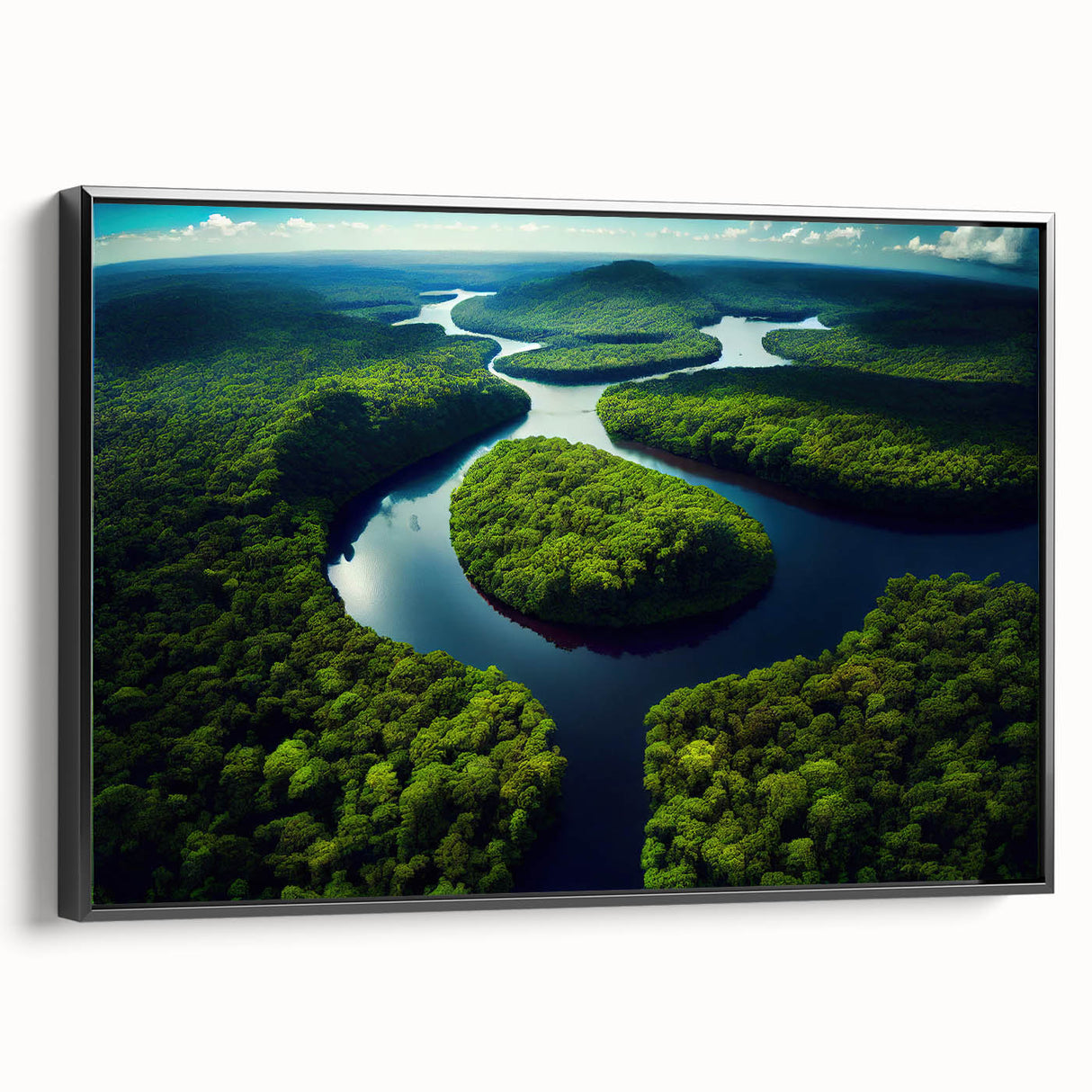 Black and white framed canvas featuring a vintage-style landscape painting of a Brazilian scene, ideal for bedroom decor.