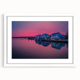 Abstract art print of Connecticut scenery in muted green and blue tones, framed with a white mat.