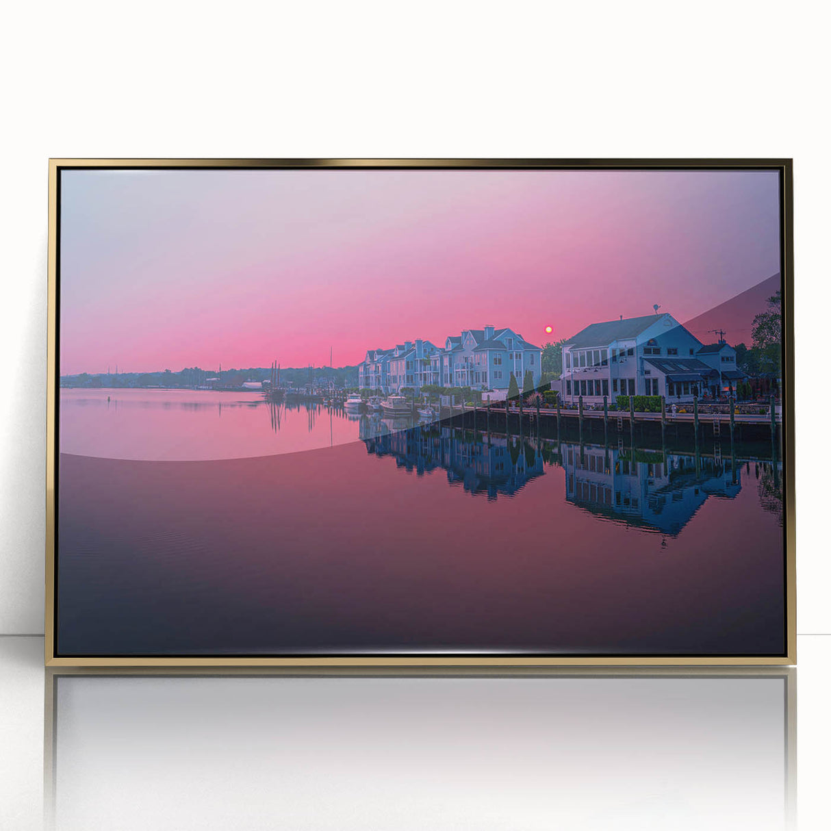 Large art print of a Connecticut landscape in mid-century modernist style, acrylic framed in gold.