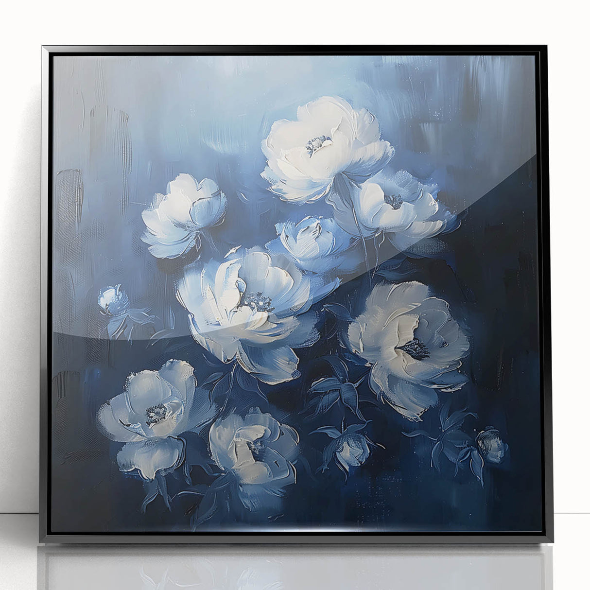 Elegant Navy & White Floral Wall Art - Modern Canvas for Living Room