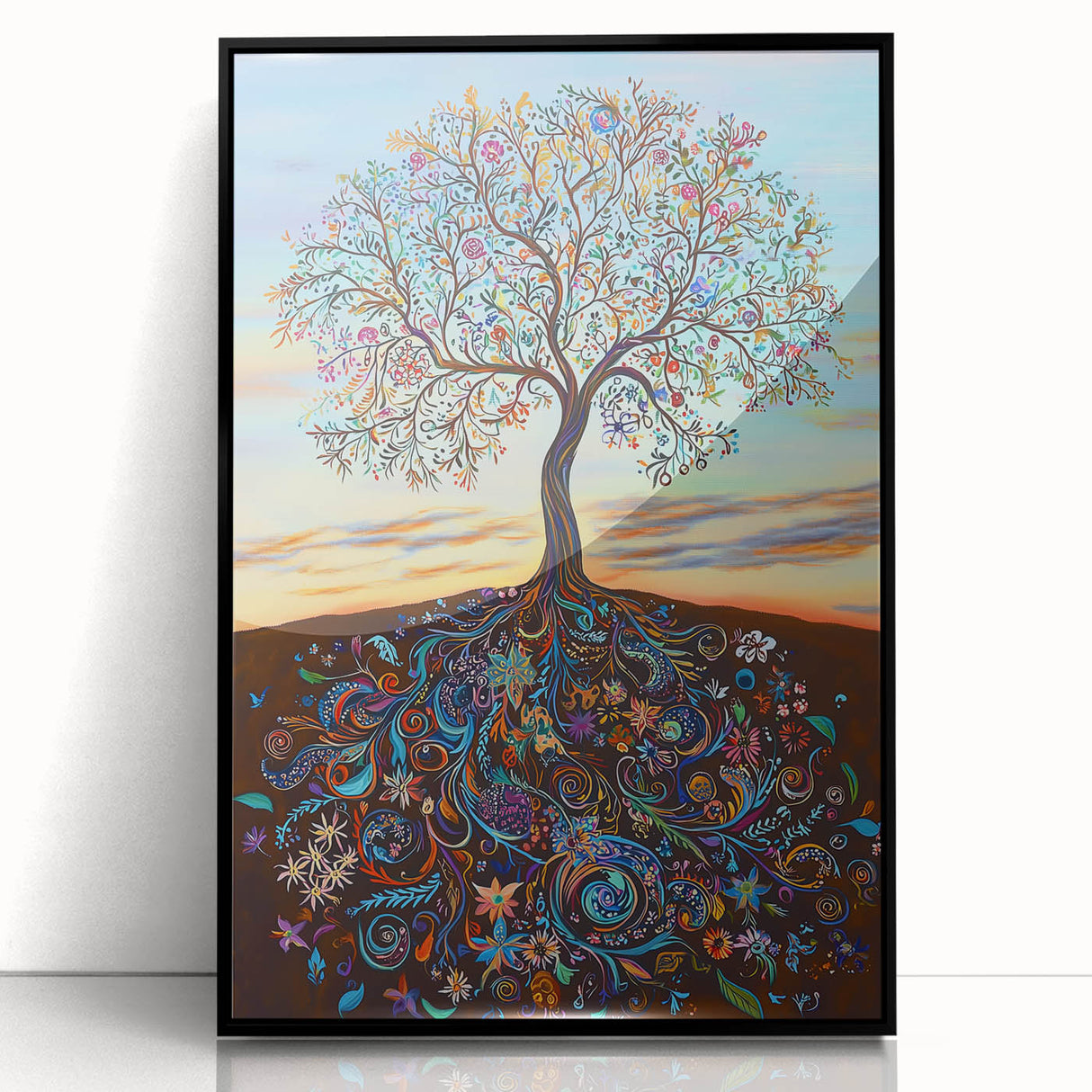 Framed acrylic artwork showcasing a vibrant abstract floral design in bold colors, presented in a sleek black frame, ideal for modern home decor.