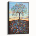 Abstract floral design framed canvas artwork showcasing vibrant colors and intricate patterns, presented in a sleek black frame, ideal for modern home decor.