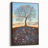 Abstract floral design framed canvas artwork showcasing vibrant colors and intricate patterns, presented in a sleek black frame, ideal for modern home decor.