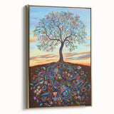 Framed canvas artwork showcasing abstract floral designs in vibrant colors, featuring a gold frame and side profile view, perfect for modern home decor.