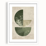 Abstract minimalist wall art framed in white with a mat, showcasing geometric shapes in muted tones, perfect for modern home decor and artistic interiors.