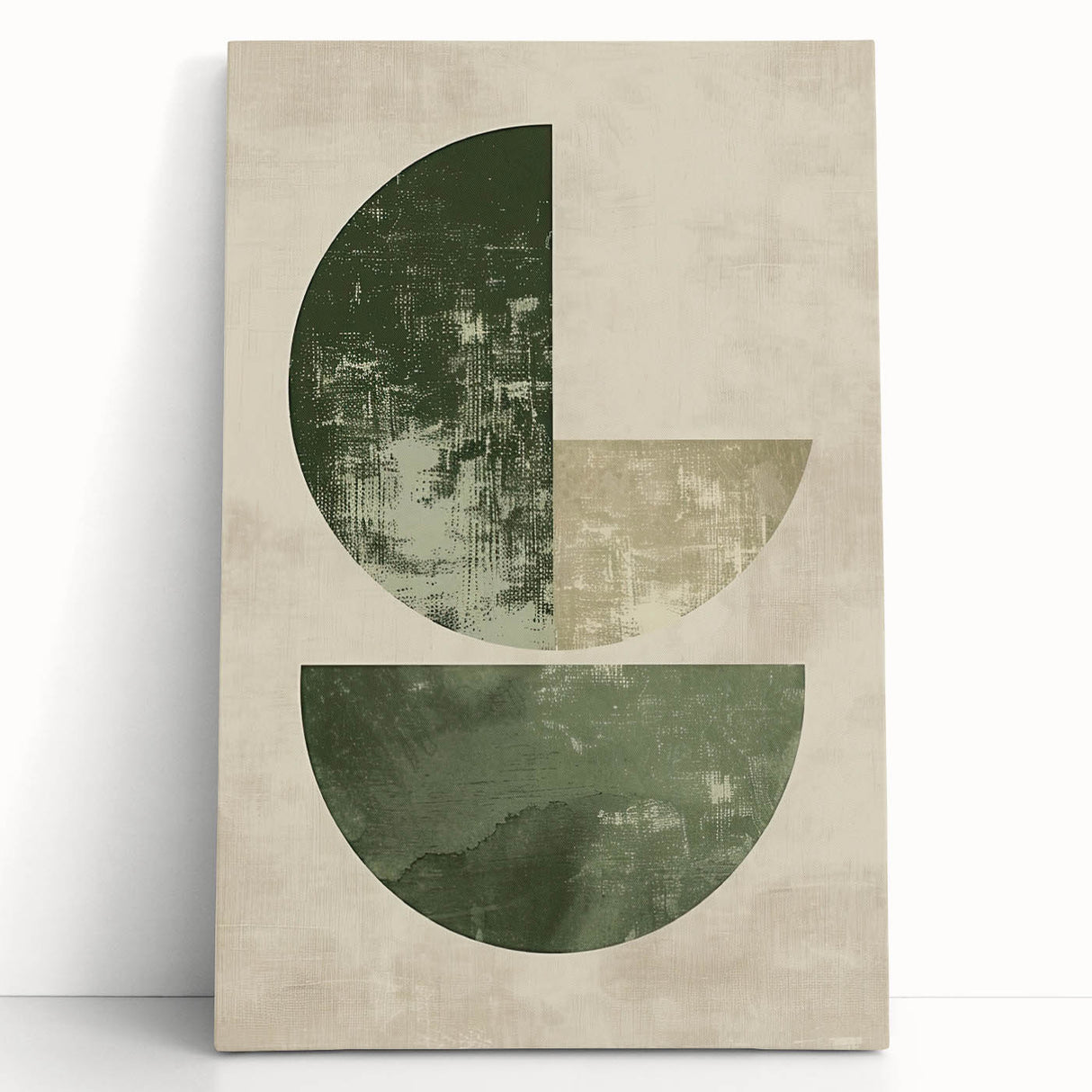 Abstract minimalist wall art on stretched canvas, featuring soft pastel colors and geometric shapes, leaning against a neutral wall, perfect for modern decor.