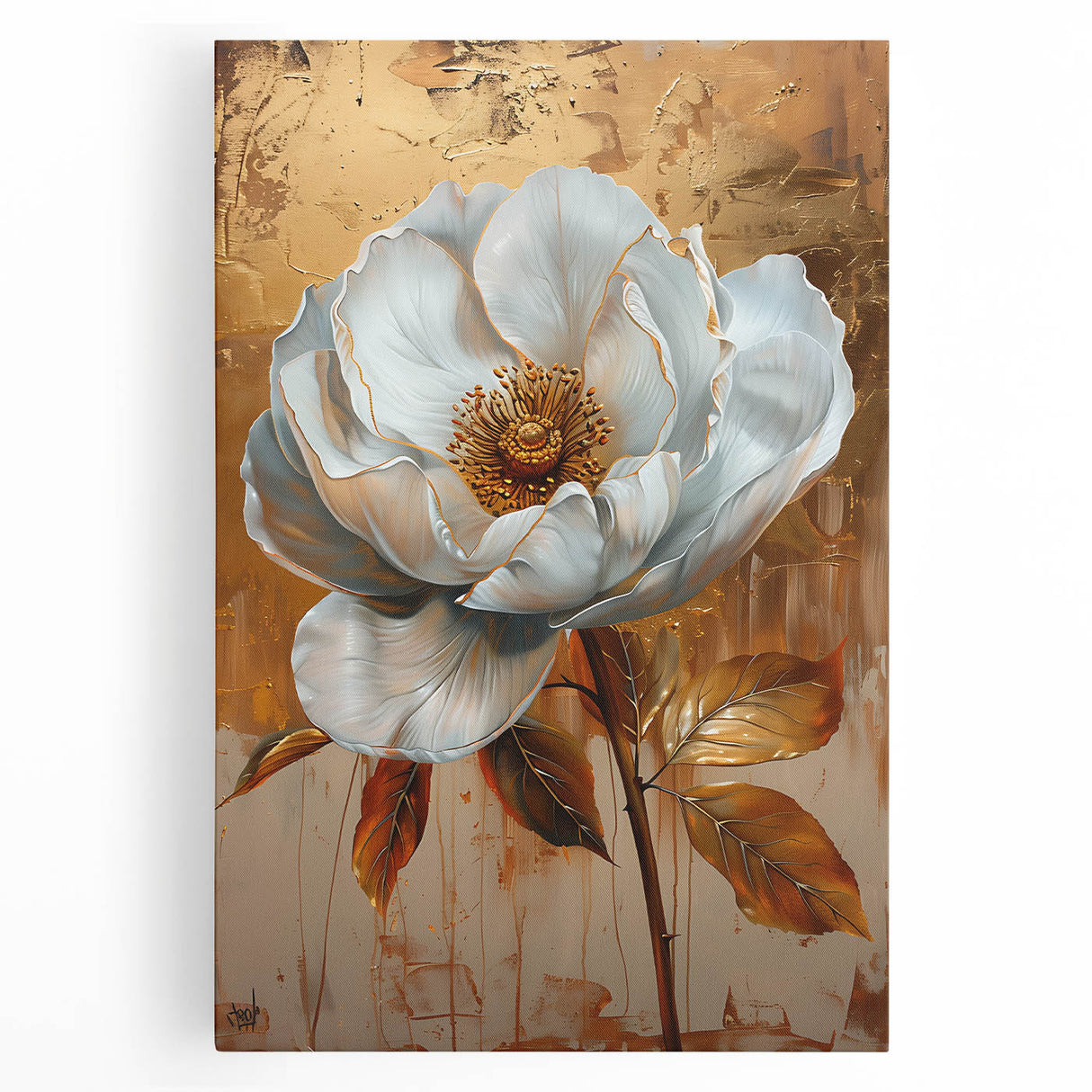 Luxury Gold & White Floral Wall Art - Modern Living Room Canvas