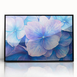 Framed acrylic artwork showcasing vibrant abstract floral designs in shades of blue, pink, and gold, set against a sleek black background, perfect for modern decor.