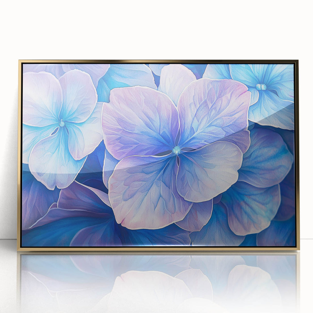 Framed acrylic artwork featuring abstract floral designs in vibrant colors with a gold frame, perfect for enhancing modern home decor.